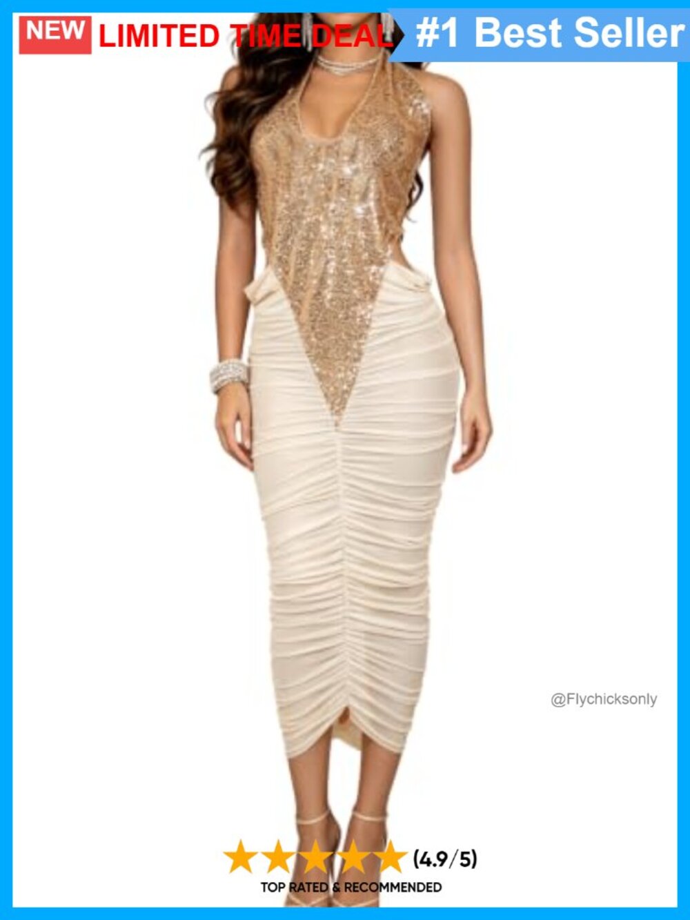 Sequin Halter Backless Maxi Dress Sheer Mesh Hem Party Club